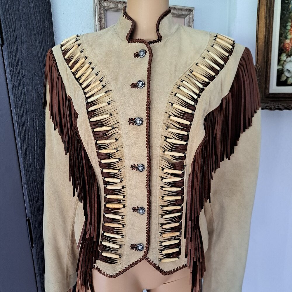 Western Cowgirl Core Diamond Leathers Beige Suede Fringe Waist Length Jacket VTG